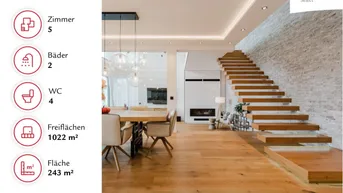 Heller Wohn- und Essbereich mit Holzboden, moderner Treppe und dekorativer Steinwand.