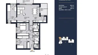 Detaillierter Grundriss einer Wohnung mit Wohn-, Schlaf- und Badezimmerbereichen sowie Balkonen.