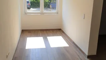 Heller Raum mit Holzboden und Fenster, das viel Tageslicht hereinlässt und einen Blick ins Grüne bietet.