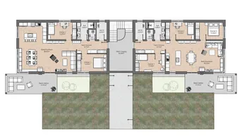Grundriss von zwei identischen Wohnungen mit offenem Wohnbereich, Schlafzimmern und Balkon.