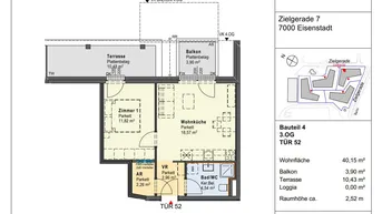 Detaillierter Grundriss einer Wohnung mit Terrasse, Balkon und offener Wohnküche.