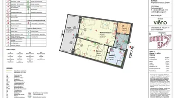 Detaillierter Grundriss einer Wohnung mit Loggia, Schlafzimmer und offener Wohnküche.