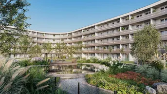 Visualisierung eines modernen Wohnkomplexes mit begrüntem Innenhof und Teichanlage.