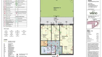 Grundriss einer Wohnung mit drei Zimmern, Loggia und eigenem Gartenbereich.