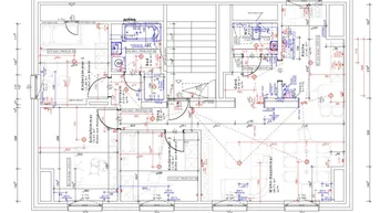 Detaillierter Grundrissplan einer Wohnung mit mehreren Schlafzimmern, offenem Wohn-Essbereich und zwei Bädern.