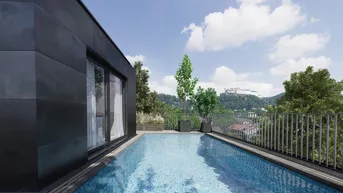 Dachterrasse mit Infinity-Pool und Panoramablick auf die umliegende Landschaft und eine historische Burg.