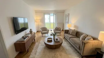 Helles Wohnzimmer mit modernem Mobiliar, Fischgrätparkett und Zugang zum Balkon.