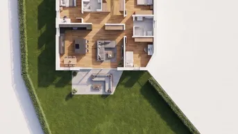 3D-Grundriss eines Hauses mit offenem Wohnbereich, drei Schlafzimmern und großem Garten.