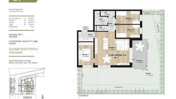Grundriss einer 4-Zimmer-Wohnung im Erdgeschoss mit offener Wohnküche, Terrasse und Garten.