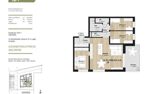 Detaillierter Grundriss einer 4-Zimmer-Wohnung mit Terrasse und offenem Wohnbereich.