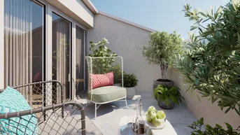 Moderne Dachterrasse mit bequemen Sitzgelegenheiten und Pflanzen, ideal zum Entspannen im Freien.