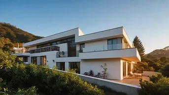 Elegante moderne Villa mit weitläufigen Terrassen und Panoramablick auf die umliegende Landschaft.