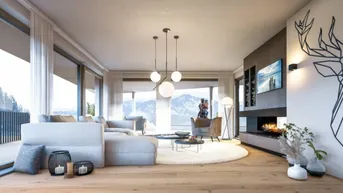Modernes Wohnzimmer mit Kamin, Holzboden und raumhohen Fenstern mit Bergblick.