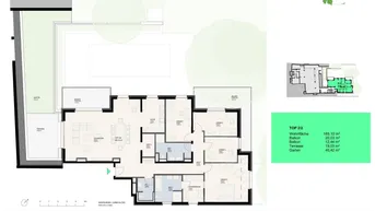 Grundriss einer Wohnung mit offenem Wohnbereich, mehreren Schlafzimmern, Bädern und Zugang zu Terrasse, Balkon und Garten.