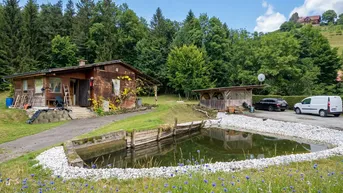 Rustikales Holzhaus mit Teich und Parkplatz, umgeben von üppigem Wald und blühenden Wiesen.