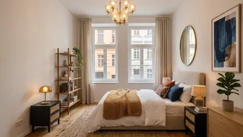 Helles Schlafzimmer mit Holzboden, großen Fenstern und moderner Einrichtung sowie hohen Decken.