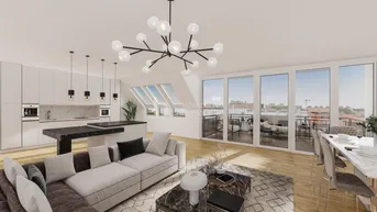 Moderne offene Wohnküche mit Essbereich, Dachschrägen und Zugang zur Terrasse.