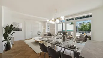 Helles, offenes Wohn- und Esszimmer mit modernem Design und Zugang zur Terrasse.
