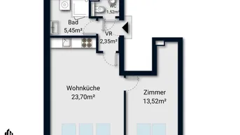Grundriss einer Wohnung mit offener Wohnküche, einem Zimmer, Bad und separatem WC.