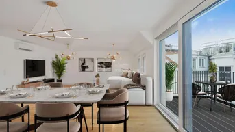 Moderner Wohn-Essbereich mit stilvollen Möbeln, Holzboden und Zugang zu einer sonnigen Terrasse.