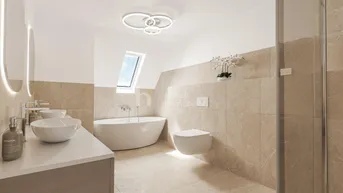 Modernes Badezimmer mit freistehender Badewanne, begehbarer Dusche und Dachfenster für viel Tageslicht.
