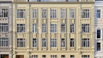 Visualisierung der modernen Fassade eines Stadthauses mit Dachgeschossausbau und großen Fenstern.