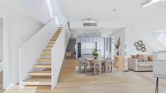 Helles, offenes Wohnzimmer mit integrierter Küche, Essbereich und Treppe zu einer weiteren Etage.