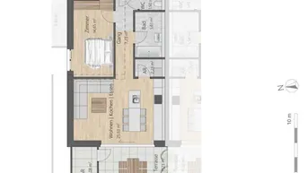 Detaillierter Grundriss der Wohnung mit Zimmern, Bad, WC und Terrasse.