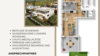 Detaillierter Grundriss einer Wohnung mit Wohnküche, Schlafzimmer und Terrasse, präsentiert in einer Immobilienanzeige.