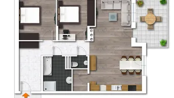 Detaillierter Grundriss einer Wohnung mit zwei Schlafzimmern, offenem Wohnbereich und Terrasse.