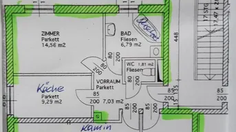 Grundrissplan des Erdgeschosses mit Zimmern, Küche, Bad und WC, inklusive Flächenangaben.