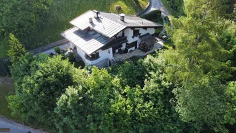 Luftaufnahme eines traditionellen Hauses mit Satteldach, umgeben von üppigem Grün und Bäumen.