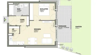 Grundriss der Wohnung mit Wohnbereich, Schlafzimmer, Bad, Terrasse und Garten.