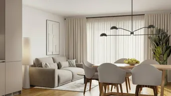 Heller, offener Wohn- und Essbereich mit modernem Design, Holzboden und großen Fenstern.