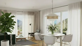 Helles Wohn- und Esszimmer mit Holzboden, großen Fenstern und Zugang zum Balkon mit Bergblick.