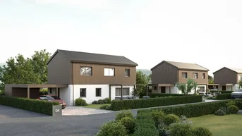 Visualisierung moderner Reihenhäuser mit Holzfassade, Carports und kleinen Gärten in ländlicher Umgebung.