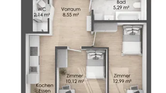 Detaillierter Grundriss einer Wohnung mit drei Zimmern, Loggia und offenem Wohnbereich.