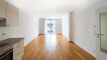 Heller, offener Wohnbereich mit Parkettboden, integrierter Küchenzeile und Zugang zum Balkon.