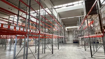 Geräumige Lagerhalle mit hohen Regalsystemen, Betonboden und viel Tageslicht durch Oberlichter.