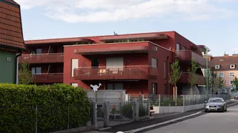 Modernes Wohngebäude mit roter Fassade, Balkonen und gepflegter Hecke an der Straße.