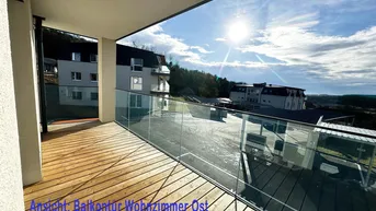 Heller Balkon mit Holzboden und Glasgeländer, bietet einen weiten Blick in die Umgebung.