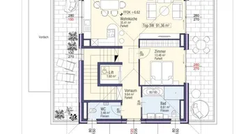 Grundriss eines Penthouses mit offener Wohnküche, einem Schlafzimmer, Bad, WC und einer großen Dachterrasse.