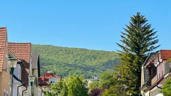 Blick auf die grüne Umgebung mit Häusern und bewaldeten Hügeln im Hintergrund.