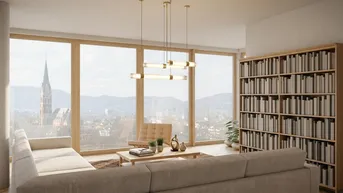 Helles Wohnzimmer mit raumhohen Fenstern, Bücherregal und weitem Blick über die Stadt.
