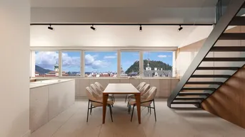 Moderner offener Wohnbereich mit Esstisch, integrierter Küche und weitem Stadtblick.