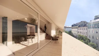 Geräumige Terrasse mit Blick auf die Stadt und Zugang zu einem hellen Innenbereich.