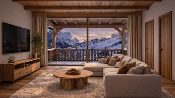 Gemütliches Wohnzimmer im Chalet-Stil mit Holzbalkendecke, großem Sofa und Bergblick vom Balkon.