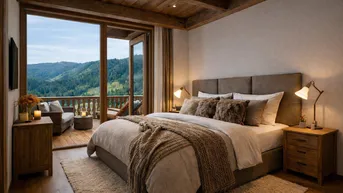 Helles Schlafzimmer mit Zugang zum Balkon, Holzelementen und weitem Blick auf die grüne Landschaft.