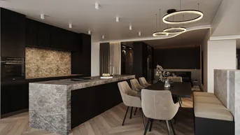 Elegante offene Küche mit schwarzer Einrichtung, Marmor-Arbeitsplatte und integriertem Essbereich mit Sitzbank.