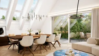 Heller, moderner Wohn-Essbereich mit hohen Schrägdecken, großen Dachfenstern und Zugang zum Garten.